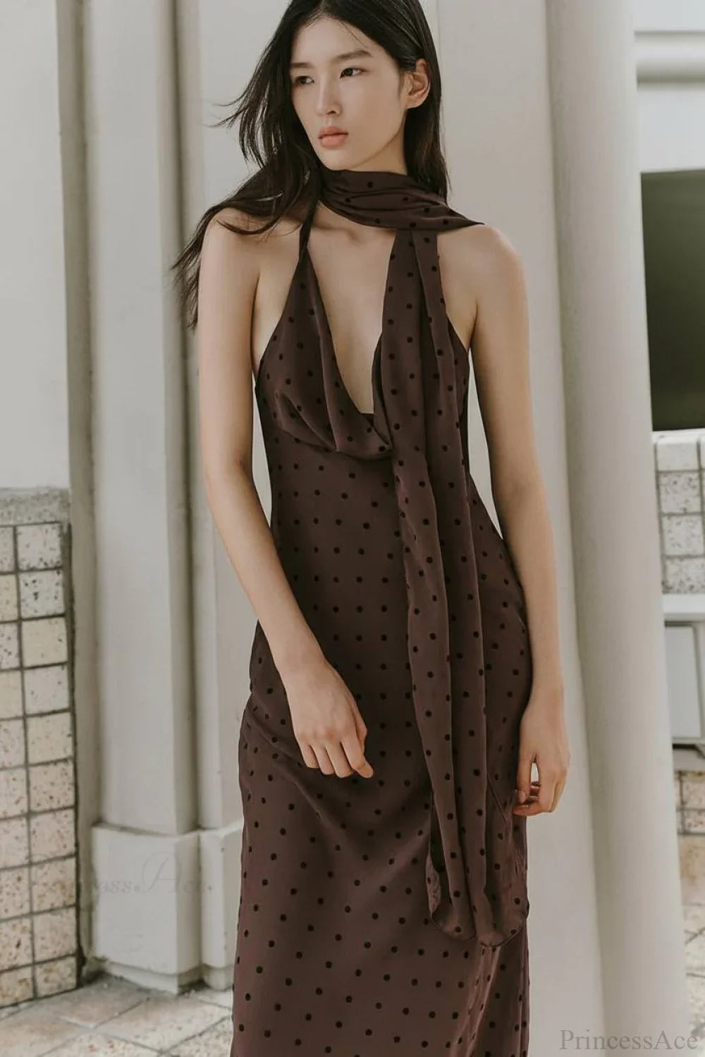 Polka Dot Scarf Neck Halter Maxi Dress