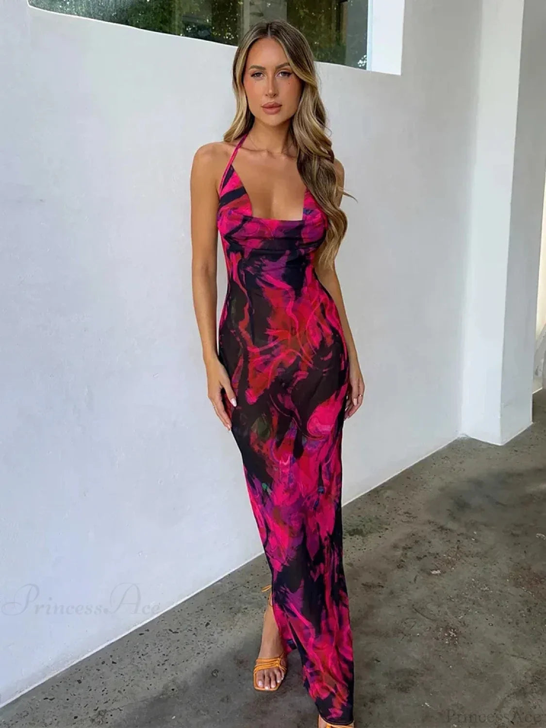 Print Elegant Midi Halter Vacation Dress