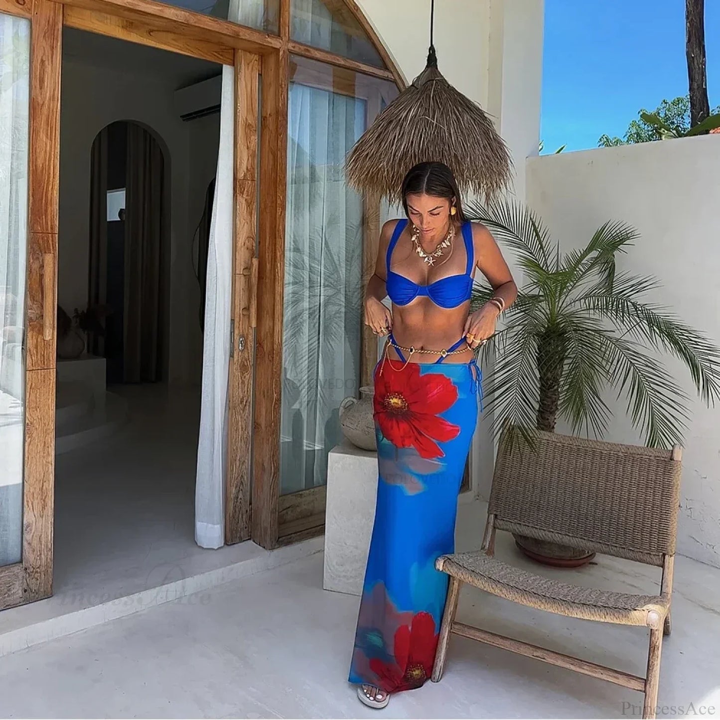 Vestido largo estampado traje de baño de tres piezas