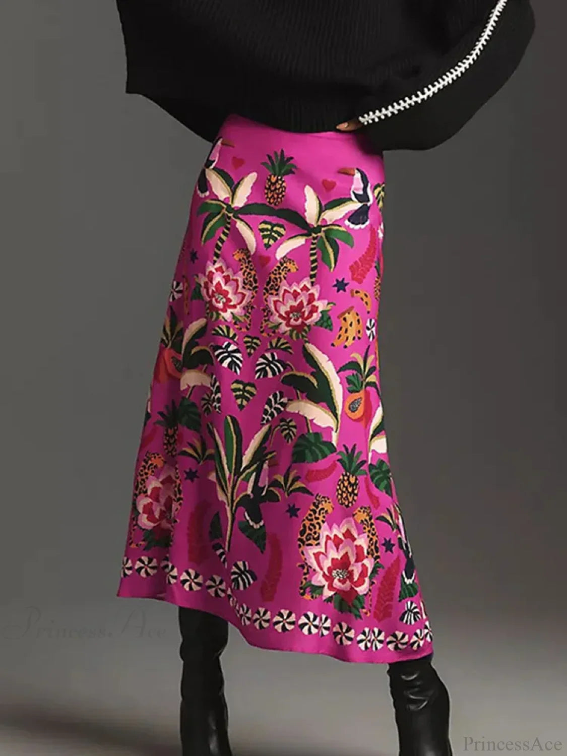 Printed A-Line Skirt Plants Flowers Zipper Spring Summer Fashion Skirt