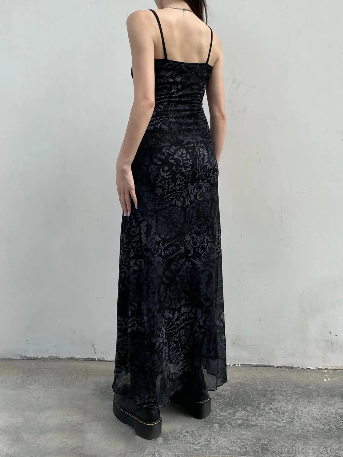 Printed Decorative Trim Mesh Full-Length Dress