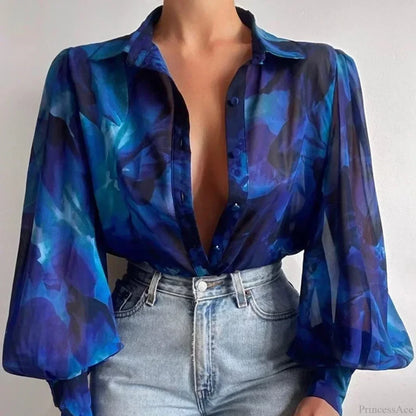 Printed Lantern Sleeve Vintage Floral Button Long Sleeve Blouse