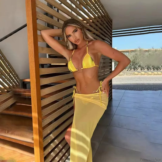 Microbikini estampado con falda larga, traje de baño de tres piezas