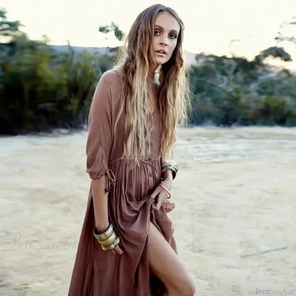 Printing Maxi Deep V Neck Stretch Boho Dress