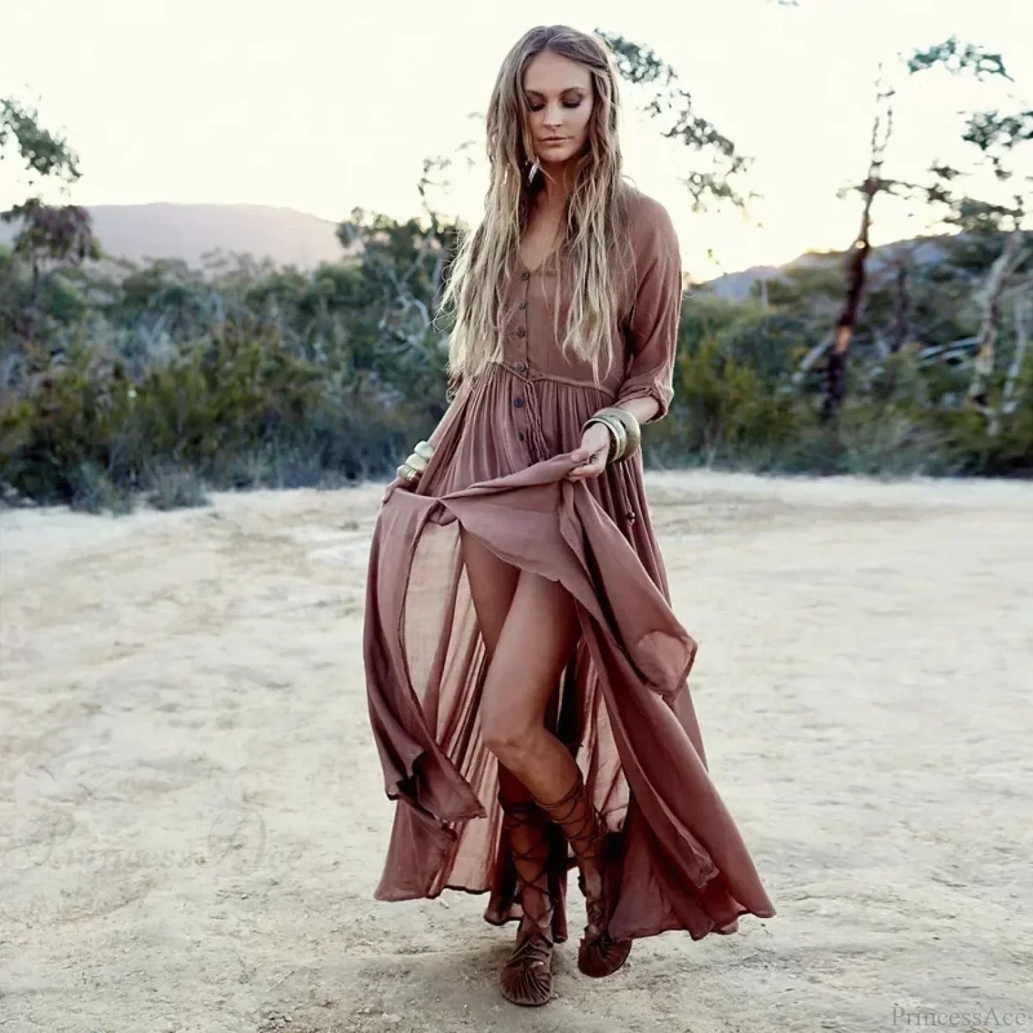 Printing Maxi Deep V Neck Stretch Boho Dress