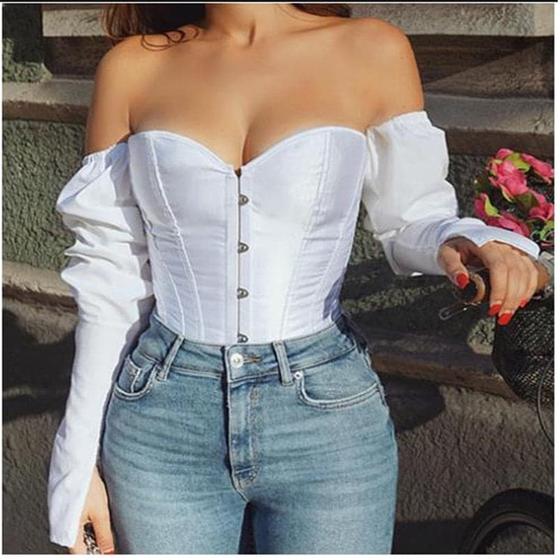 DressBetty - Women  Off Shoulder Shirt  Blouse Lady Girls Fashion Back Bandage Slim Bustier Female Leotard Corset Ladies' Solid Tops Wear