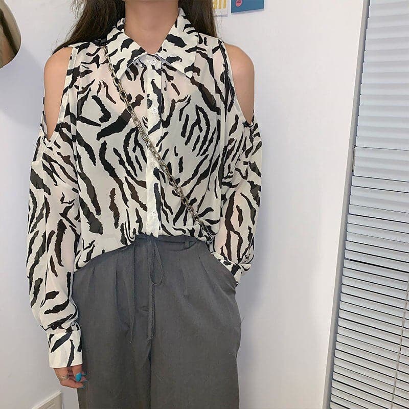 DressBetty - Women Printed Shirt Off The Shoulder  Blouses Loose Long-sleeved Shirt Retro Female Blouses