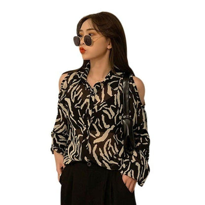 DressBetty - Women Printed Shirt Off The Shoulder  Blouses Loose Long-sleeved Shirt Retro Female Blouses
