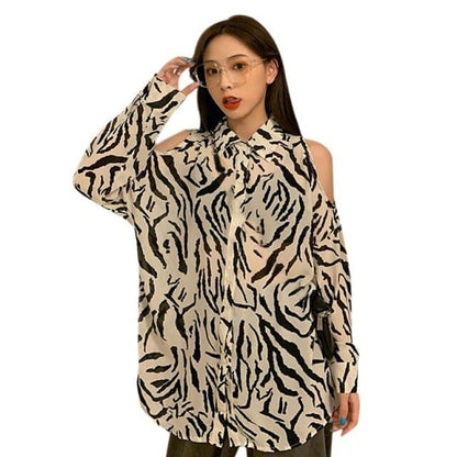 DressBetty - Women Printed Shirt Off The Shoulder  Blouses Loose Long-sleeved Shirt Retro Female Blouses