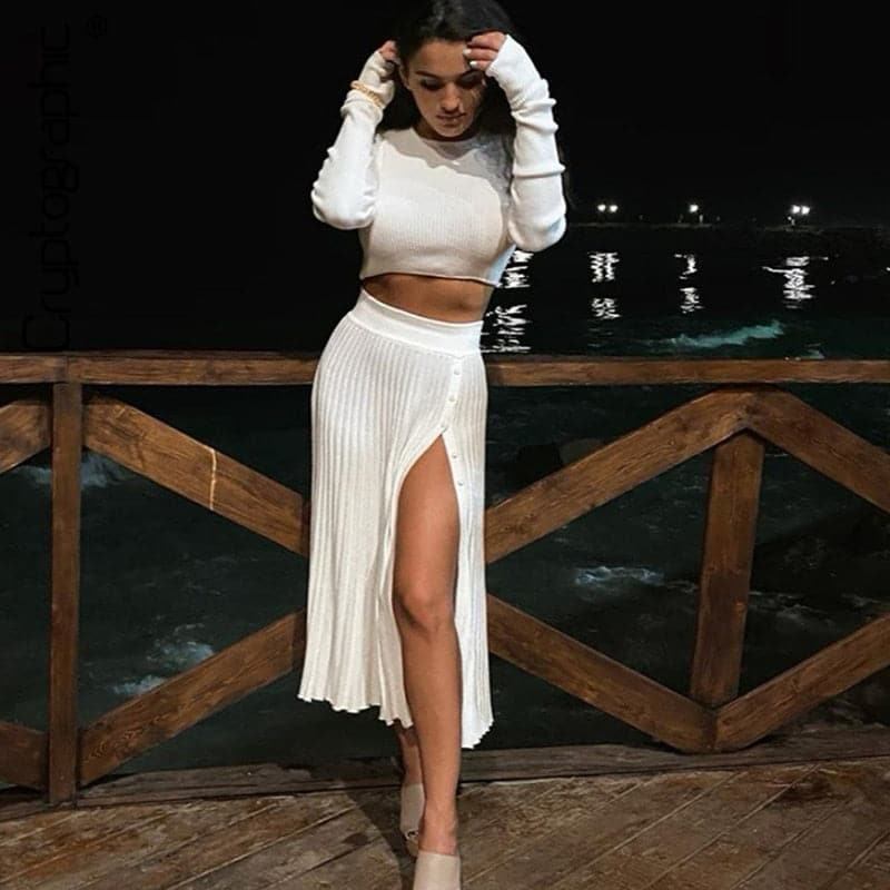 DressBetty - Solid  Sweater Cropped Top Midi Skirt Two Piece Set Women Matching Set Outfits Button Up Split Skirts Winter