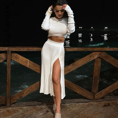 DressBetty - Solid  Sweater Cropped Top Midi Skirt Two Piece Set Women Matching Set Outfits Button Up Split Skirts Winter
