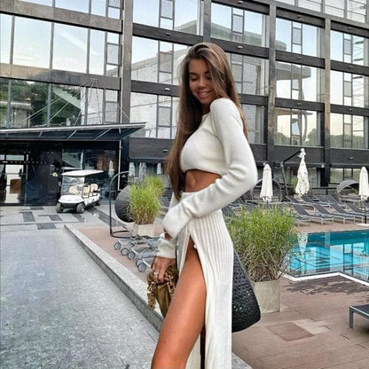 DressBetty - Solid  Sweater Cropped Top Midi Skirt Two Piece Set Women Matching Set Outfits Button Up Split Skirts Winter