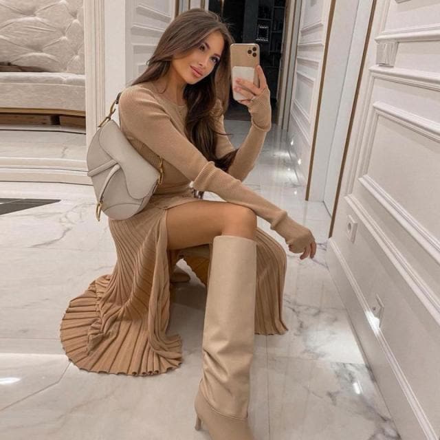 DressBetty - Solid  Sweater Cropped Top Midi Skirt Two Piece Set Women Matching Set Outfits Button Up Split Skirts Winter
