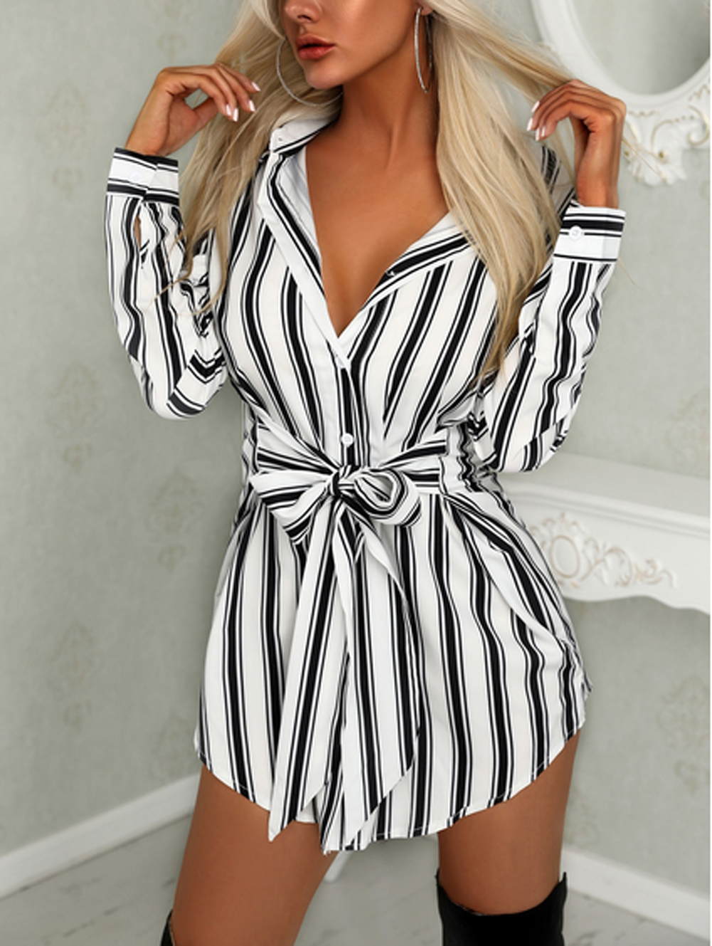 DressBetty - Fashion Long Sleeve Button  Mini Dress