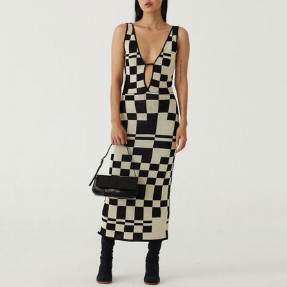 DressBetty -  Backless Plaid Print Spaghetti Strap Hollow Out Vestidos Maxi Dress