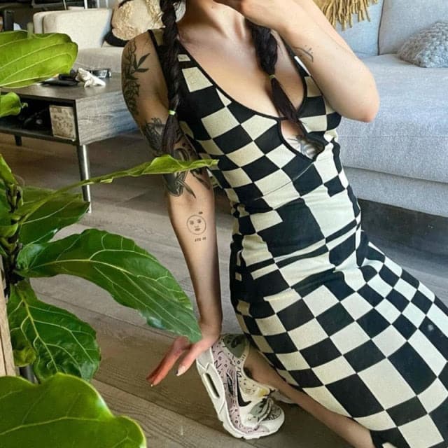 DressBetty -  Backless Plaid Print Spaghetti Strap Hollow Out Vestidos Maxi Dress