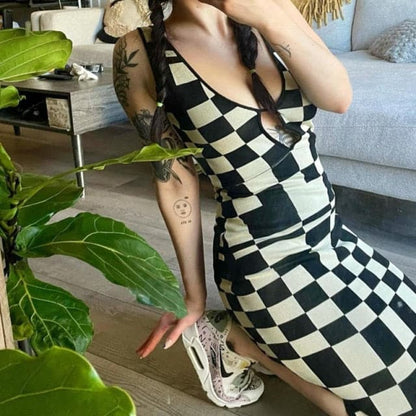 DressBetty -  Backless Plaid Print Spaghetti Strap Hollow Out Vestidos Maxi Dress