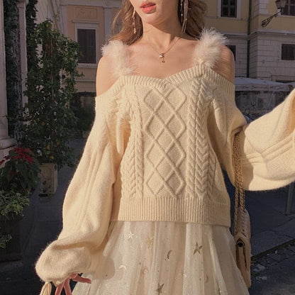 DressBetty - Off-the-shoulder Sweater Ladies  Autumn Winter Elegant Soft Lace Puff Sleeve Knitted Sweater Woman Italy Pull Crop Top