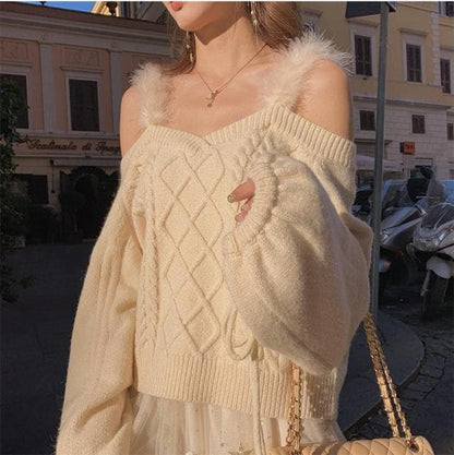 DressBetty - Off-the-shoulder Sweater Ladies  Autumn Winter Elegant Soft Lace Puff Sleeve Knitted Sweater Woman Italy Pull Crop Top