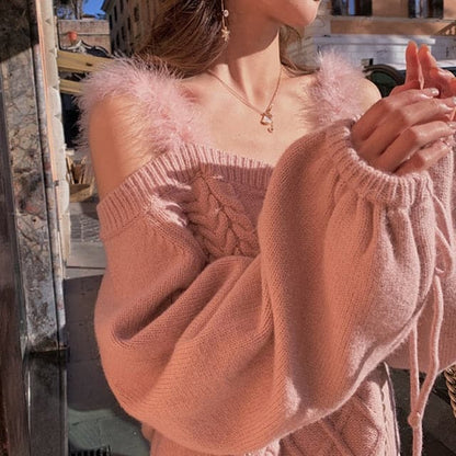 DressBetty - Off-the-shoulder Sweater Ladies  Autumn Winter Elegant Soft Lace Puff Sleeve Knitted Sweater Woman Italy Pull Crop Top
