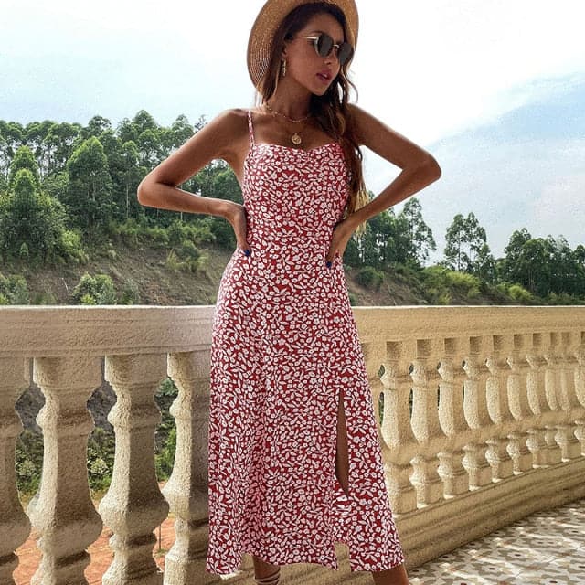 DressBetty - Summer Fashion Bohemian Sleeveless Dress for Women Vintage  Floral Silk Maxi Robe Casual Wedding Guest Long Dresses
