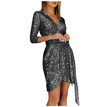 DressBetty - Ladies Elegant Party Dress Fashion  Long-sleeved Sequined V-neck 34 Sleeve Lace-up Mini Dress Dress