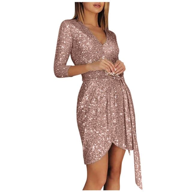 DressBetty - Ladies Elegant Party Dress Fashion  Long-sleeved Sequined V-neck 34 Sleeve Lace-up Mini Dress Dress