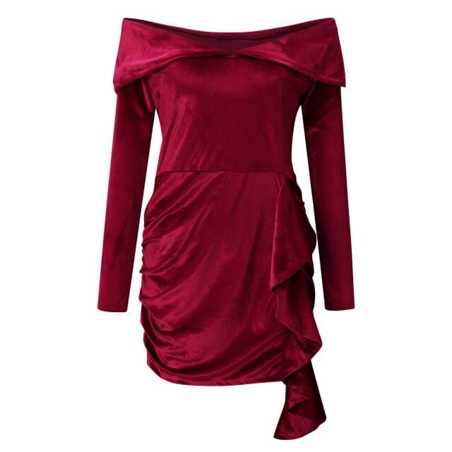 DressBetty - Velvet New Year Party Dress High Waist Draped  Bodycon Dress Pure Color Off Shoulder Mini Dress