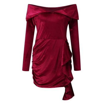 DressBetty - Velvet New Year Party Dress High Waist Draped  Bodycon Dress Pure Color Off Shoulder Mini Dress