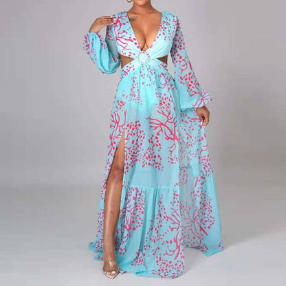 DressBetty -  V-Neck Backless Hollow Out Dress Summer Dress Women Lantern Sleeve Club Party Long Maxi Dresses Tunic Beach Cover Up