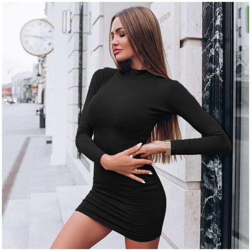 DressBetty -  Solid Color Turtleneck Skinny Mini Dress