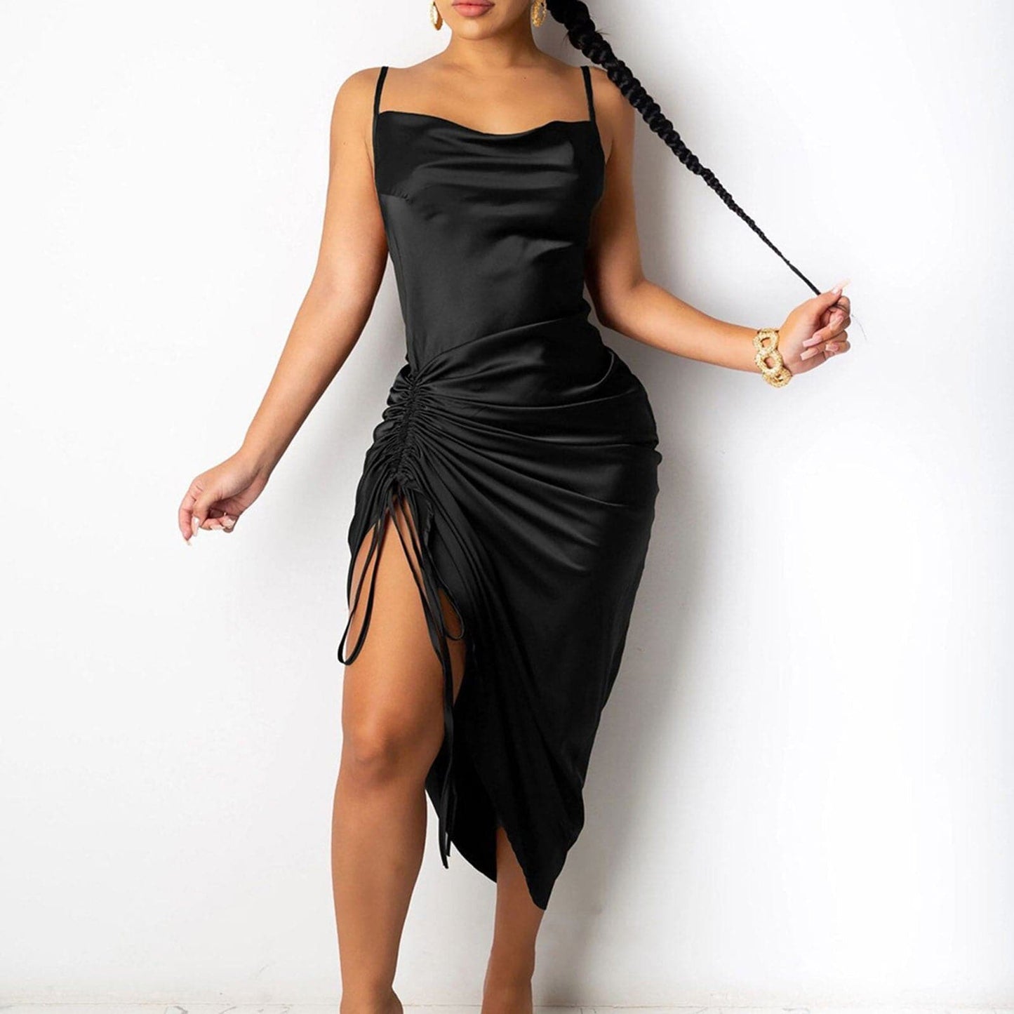 DressBetty - Ruched Satin Summer Dress Drawstring Spaghetti Straps Cowl Neck Backless Long Dresses for Women Party