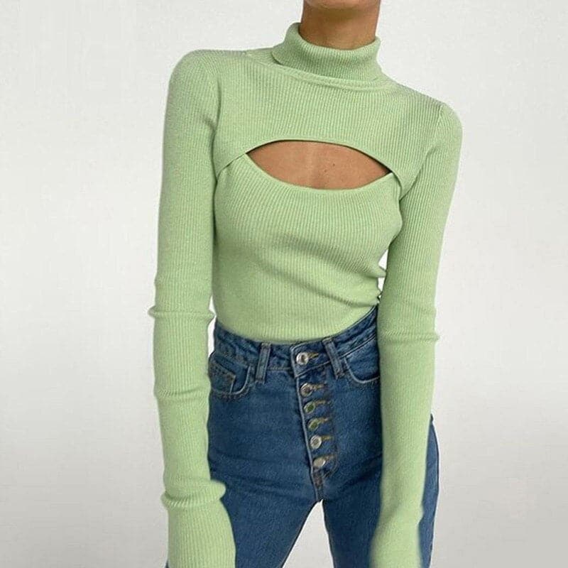 DressBetty - Women's Long Sleeve Slim Turtleneck Pullovers Autumn New Solid Hollow Out Fashion Sweater Ladies  Ofiice Lady Clothes