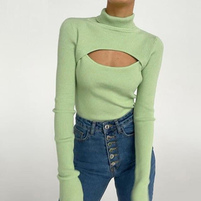 DressBetty - Women's Long Sleeve Slim Turtleneck Pullovers Autumn New Solid Hollow Out Fashion Sweater Ladies  Ofiice Lady Clothes