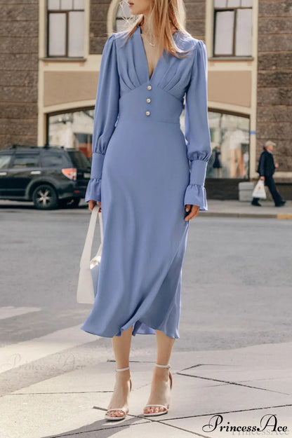 Puff Sleeve V Neck Vintage Slim Maxi Dress