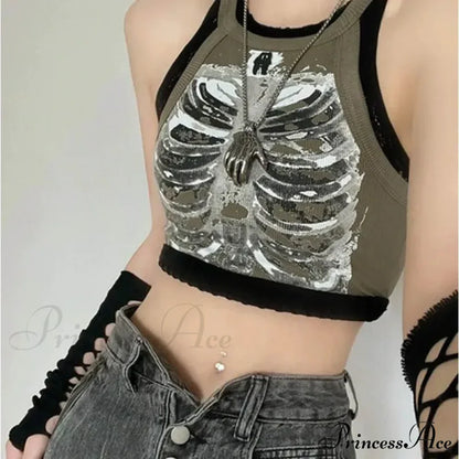 Punk Aesthetic Cyber Retro X-ray Skeleton Print Sleeveless Vest ArmyGreen Crop Designer Clothes Women Summer Emo Tank top