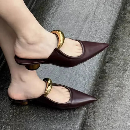 Punk Gothic Metal Buckle Low Heels Pointed Thick Heeled Platform Low Heel Pump