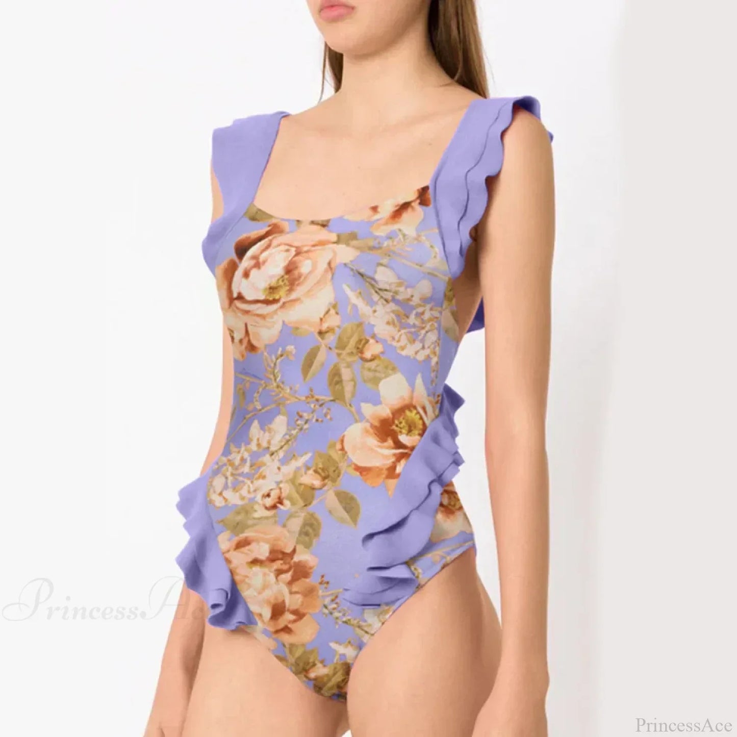 Traje de baño de una pieza con tirantes finos cruzados en la espalda, de encaje floral morado