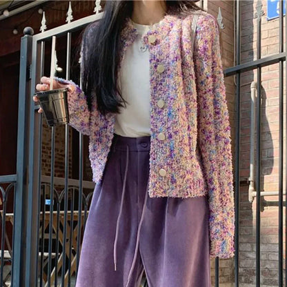 Purple Floral Lazy Wind Loose Knit Cardigan