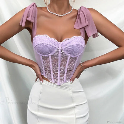 Purple Lace Bow Shoulder Strap Fishbone Crop Top