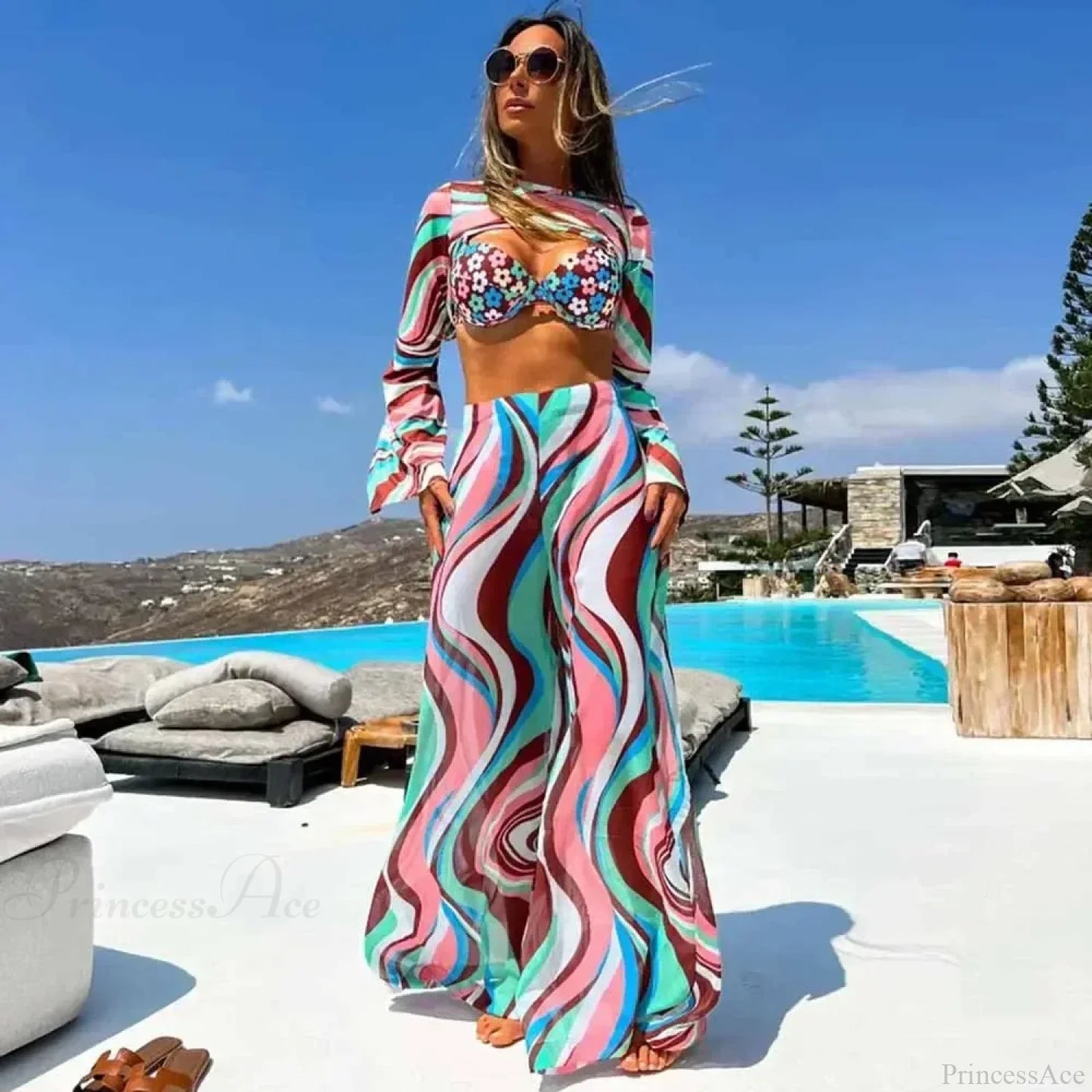 Conjunto de bikini push-up con traje de baño de lino de tres piezas