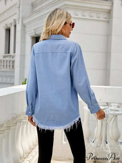 Raw Hem Denim Arm Long Blouse Jacket