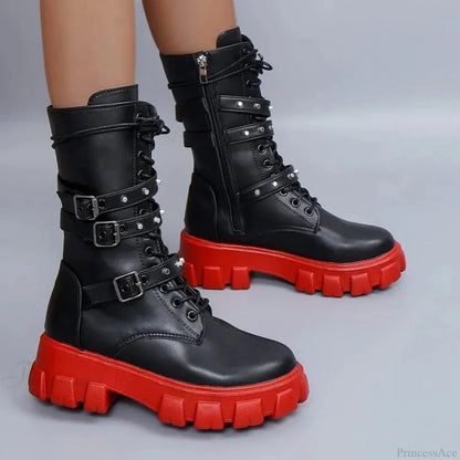 Rebellious Fastener Motorbike Mid-Calf Dark Boot