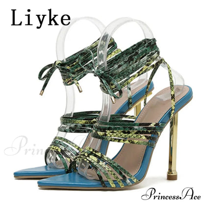 Red Blue Thin High Heels Sandals Size 35-42 Pointed Toe Snake Print Lace Up Shoes Female Pumps Summer Fashion
