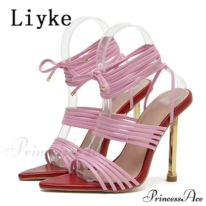 Red Blue Thin High Heels Sandals Size 35-42 Pointed Toe Snake Print Lace Up Shoes Female Pumps Summer Fashion