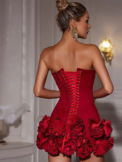 Red Fishbone Bandage 3D Flower Mini Party Dress