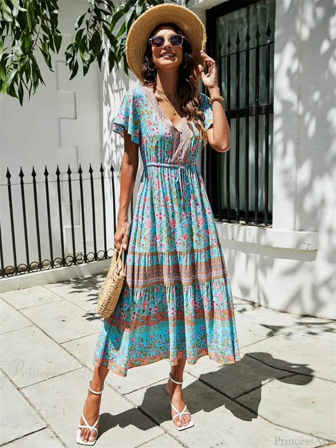 Red Floral Print Bat Sleeve Tassel V-neck Summer Boho Dress