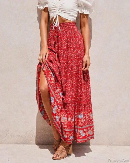 Red Floral Print Beach Bohemian High Waist Rayon Skirt
