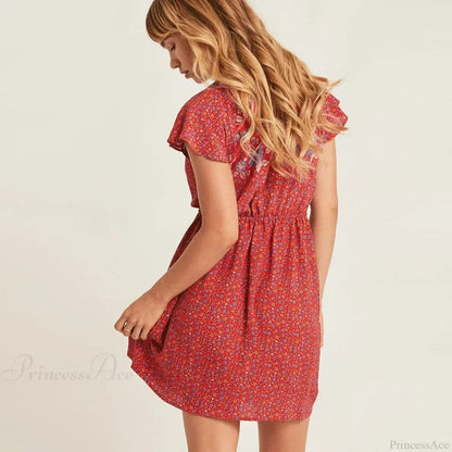 Red Floral Print Boho Mini Dress