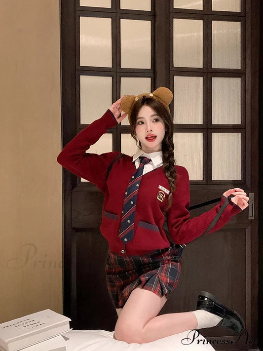 Red Knitted Long-sleeve Plaid Mini Skirt Fashion Suit
